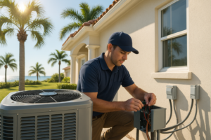 Professional AC installation Osprey technician working on new air conditioner