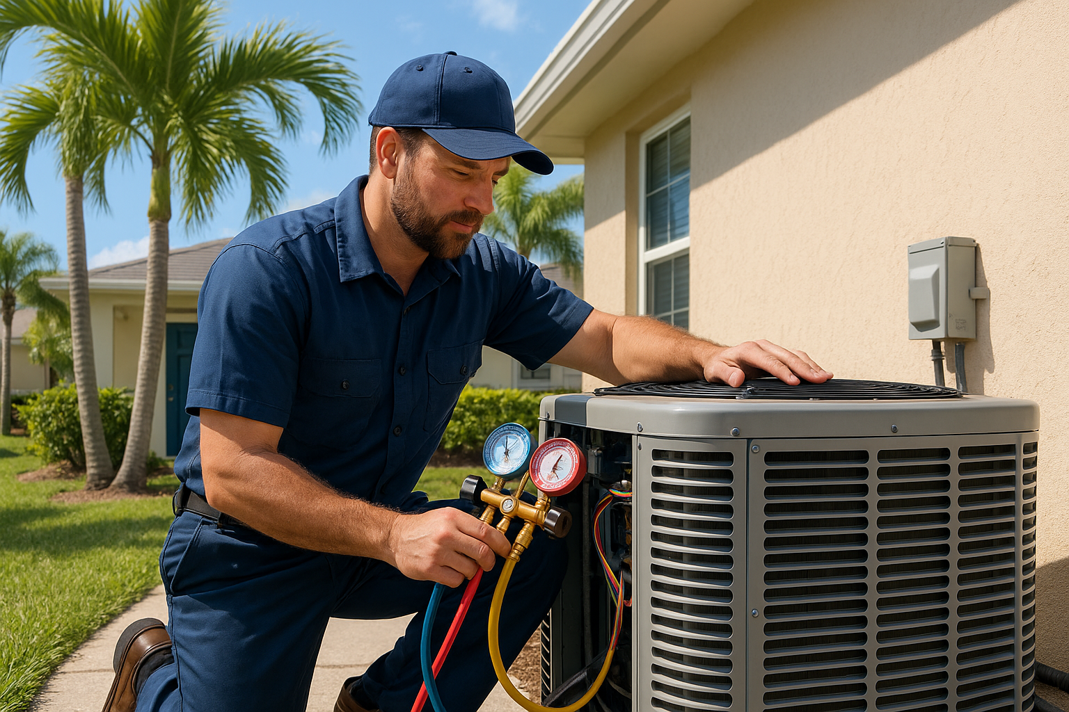 HVAC technician performing AC service at Osprey Florida home