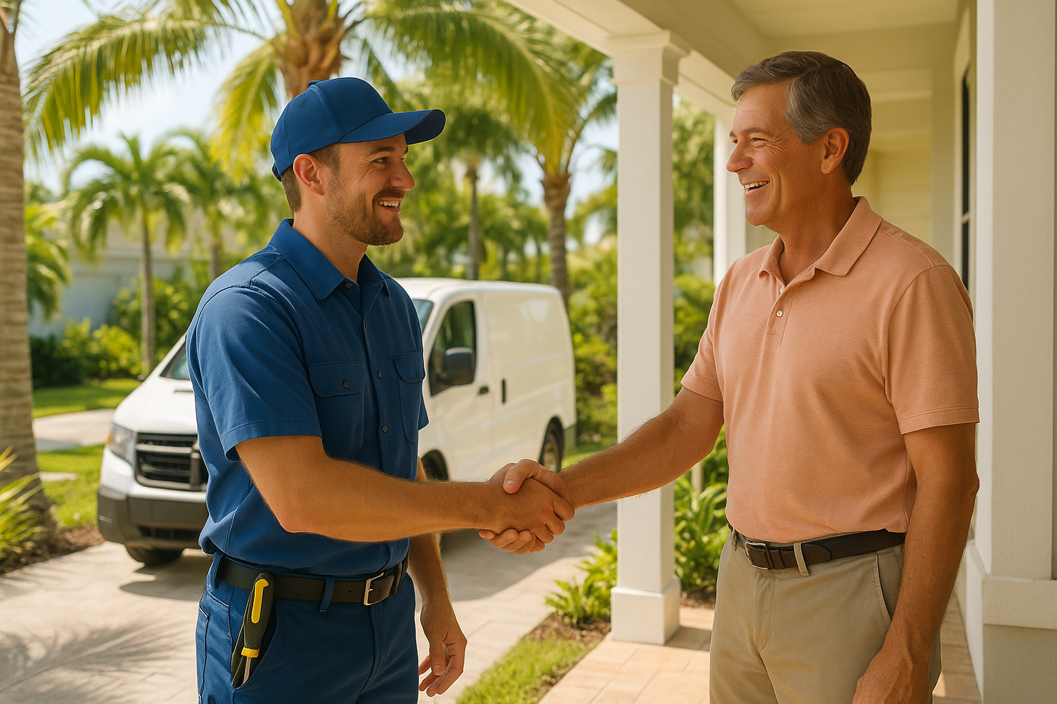 HVAC technician shaking hands with Florida homeowner after AC repair service