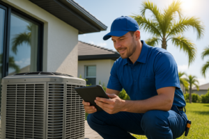 Professional AC repair technician servicing air conditioning unit at Florida home