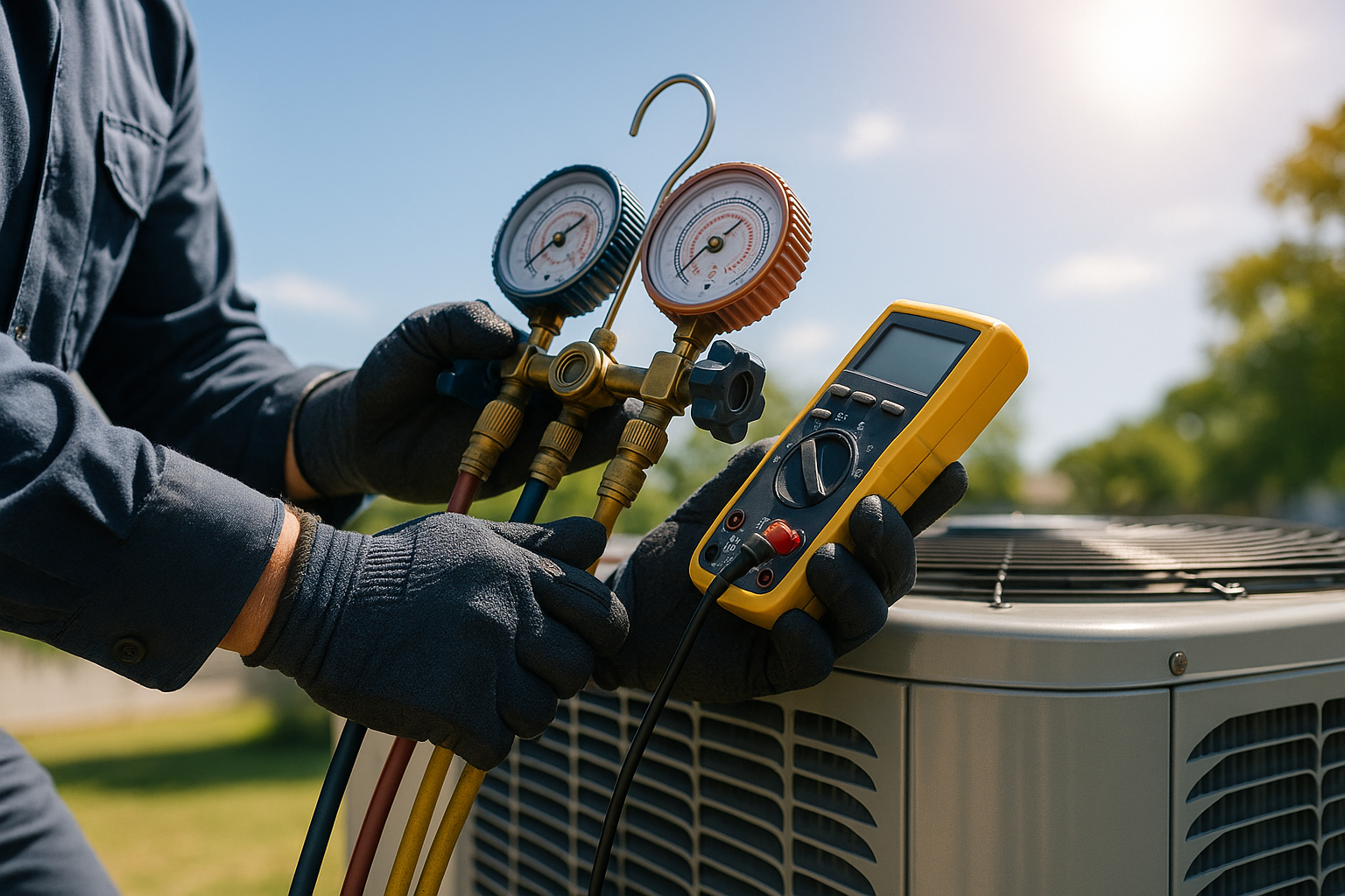 HVAC technician performing AC repair on outdoor condenser unit in Florida