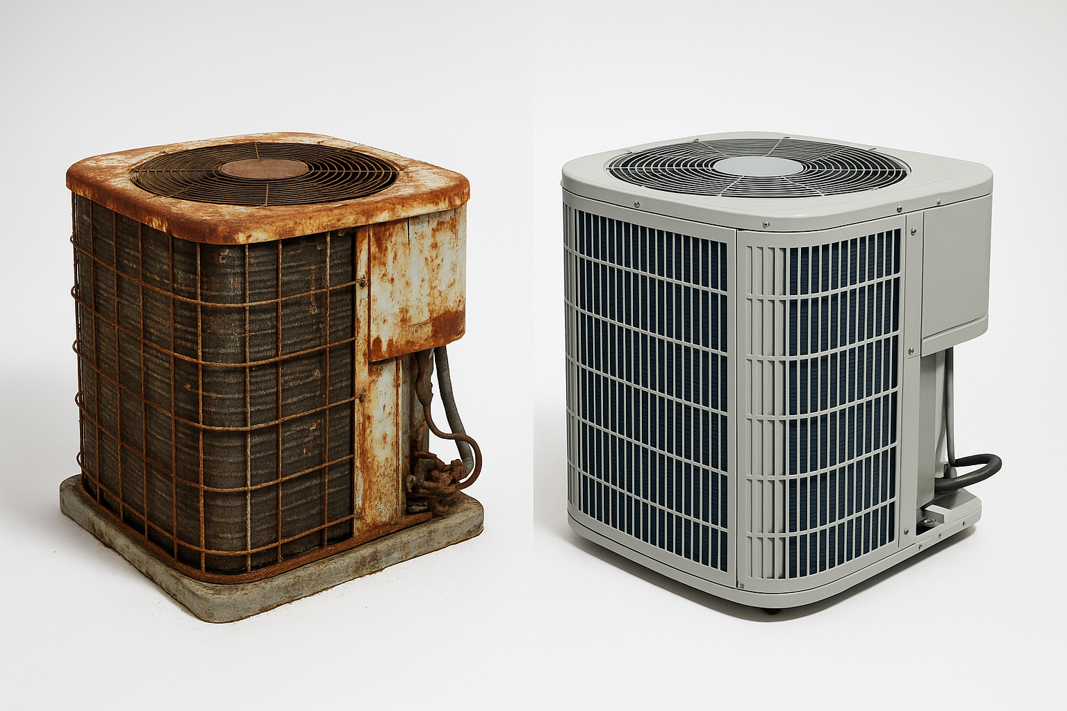 AC repair comparison showing damaged unit versus well-maintained air conditioner