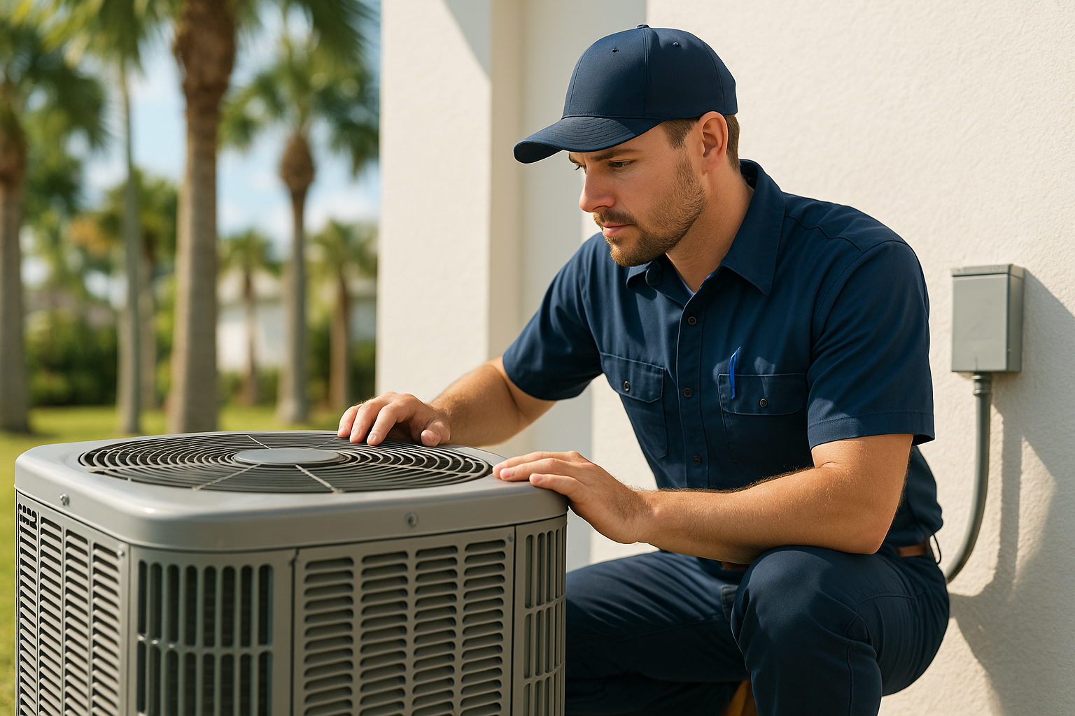 HVAC technician performing ac repair inspection on outdoor condenser unit