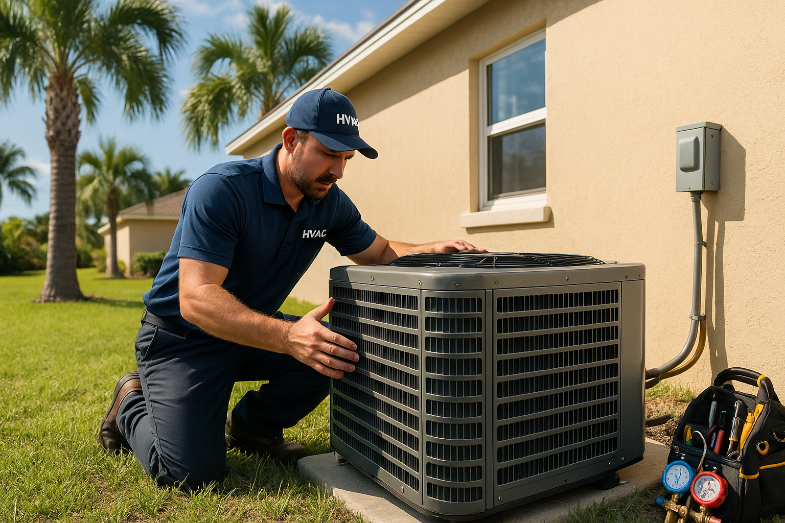 HVAC technician performing air conditioning installation North Port Florida home