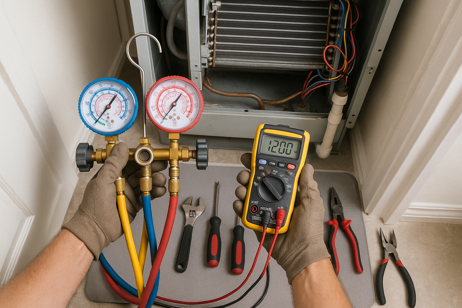 HVAC technician performing AC repair with diagnostic tools and gauges