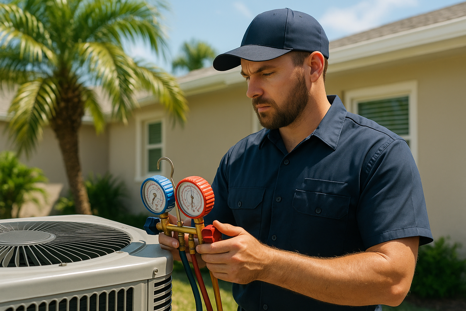 Licensed HVAC technician diagnosing outdoor AC condenser at a Florida home