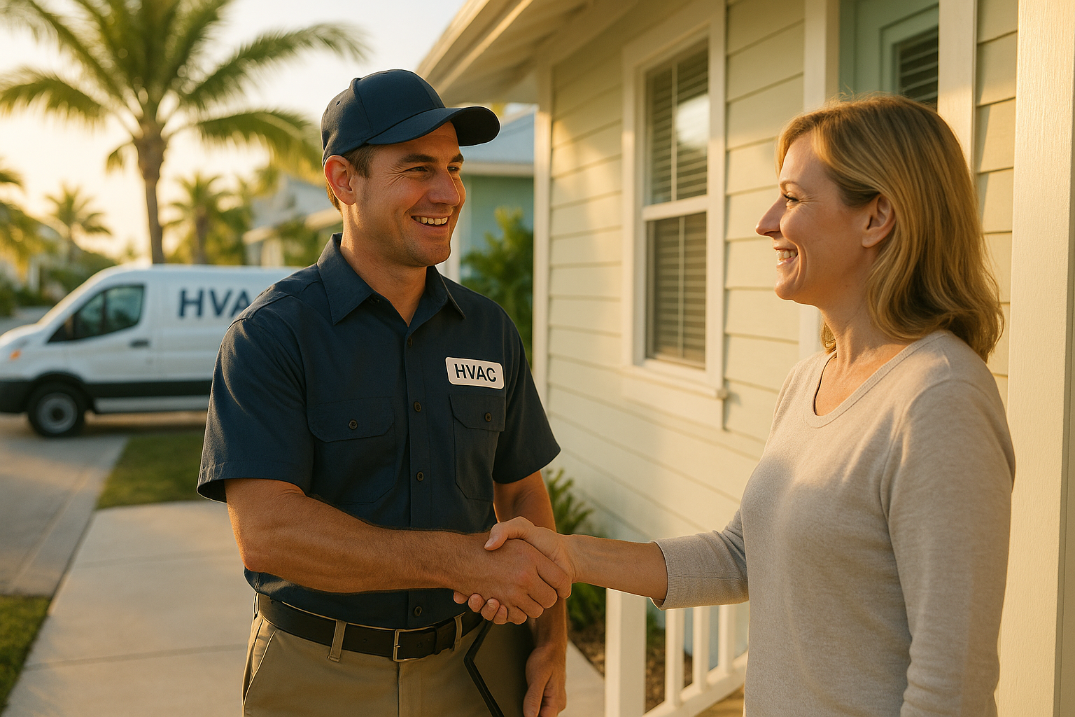 HVAC technician handing off completed service to a homeowner in Osprey, Florida