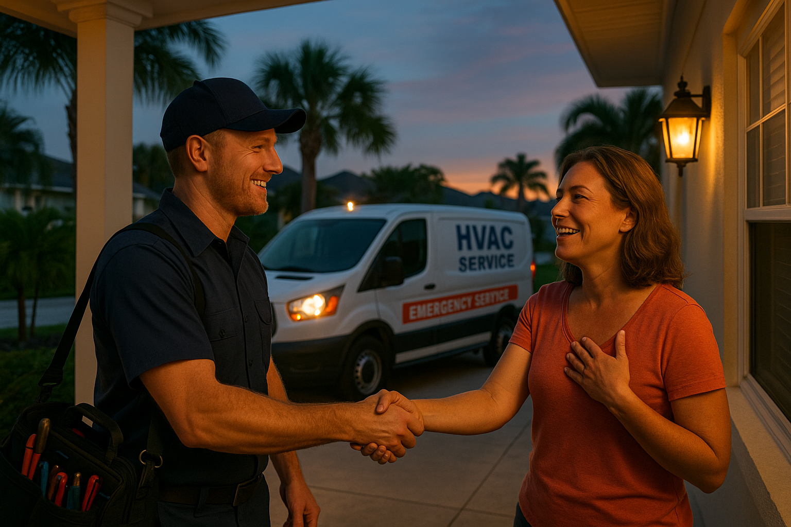 HVAC technician greeting Florida homeowner for 24 hour AC repair service