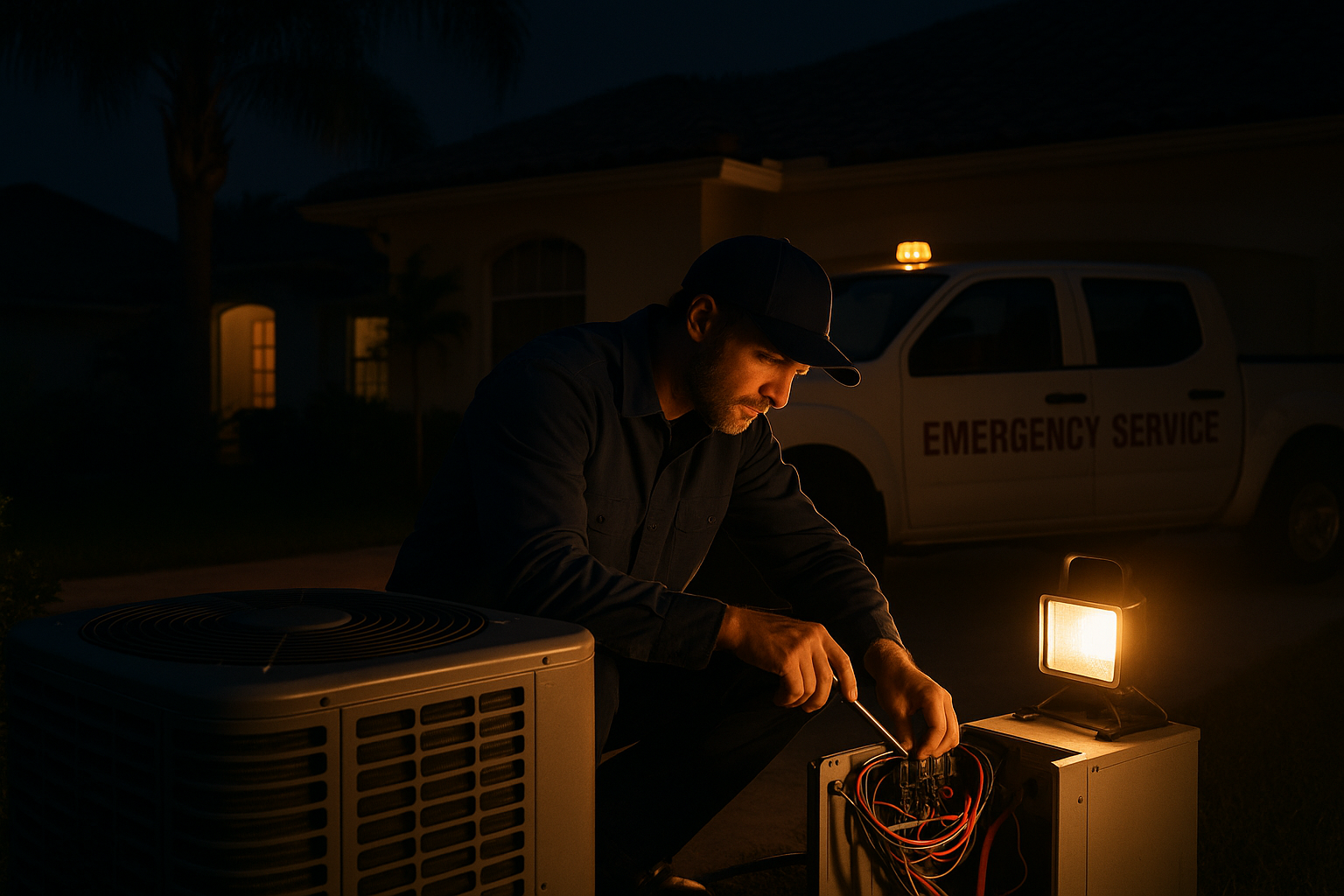 HVAC technician providing 24 hour ac repair service at Florida home at night
