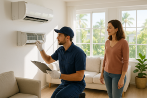 Professional AC service technician inspecting air conditioning system in Florida home