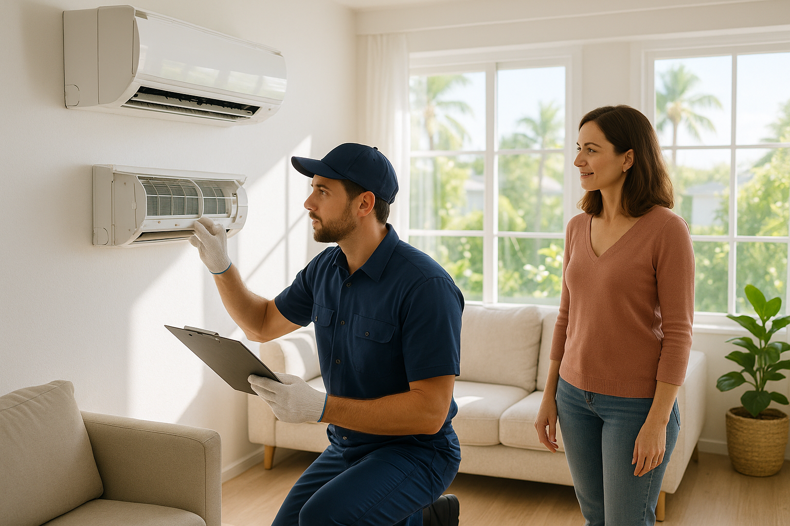 Professional AC service technician inspecting air conditioning system in Florida home