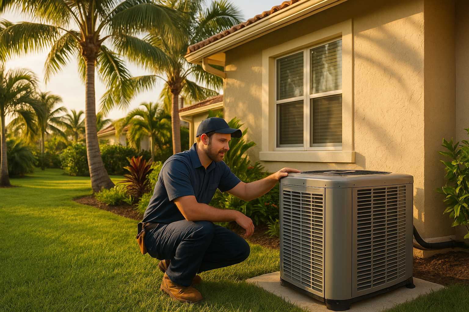 Professional AC service technician inspecting air conditioning unit near Florida home