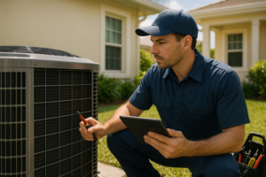 Professional HVAC technician performing AC service near residential home in Florida