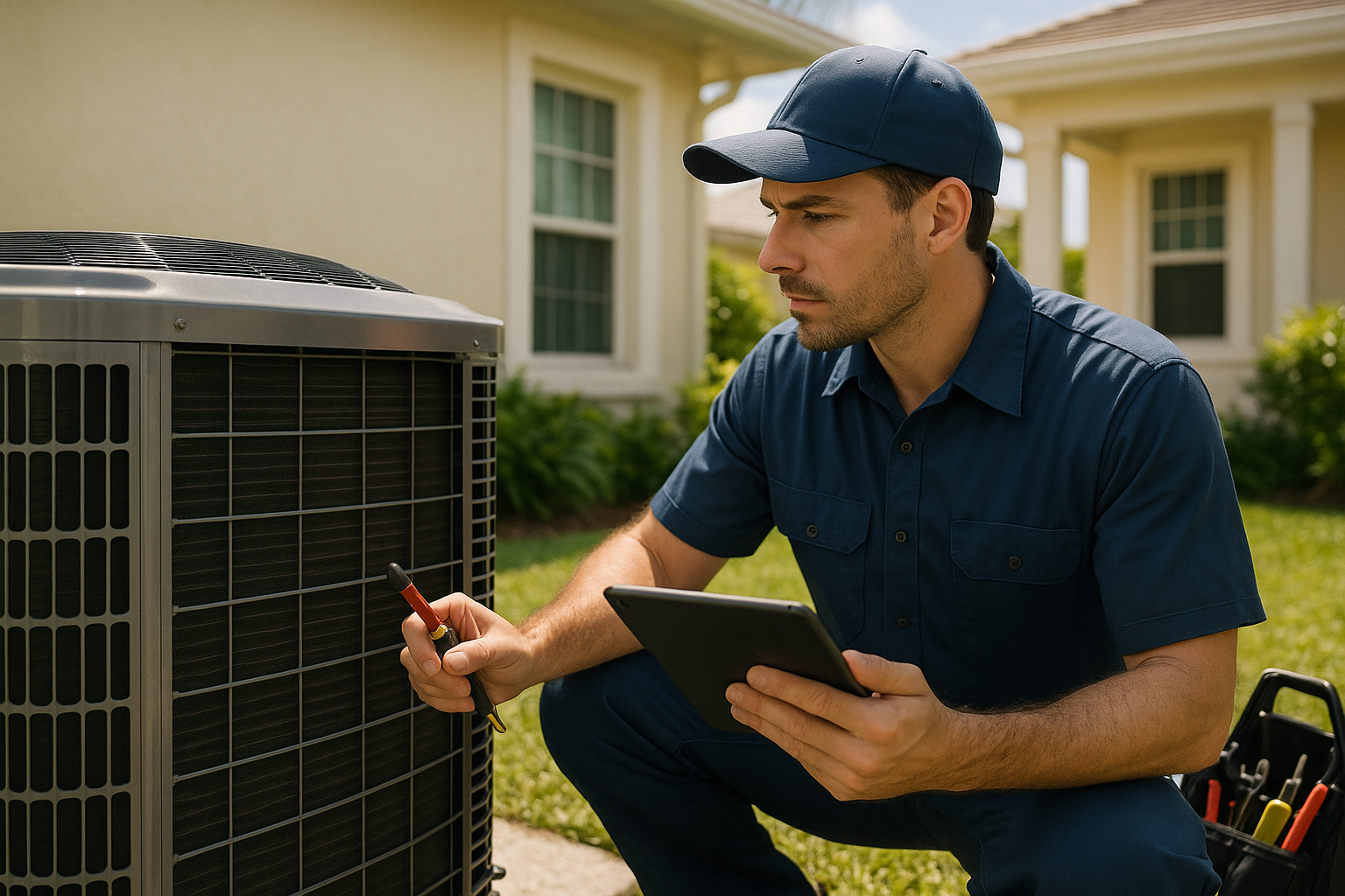 Professional HVAC technician performing AC service near residential home in Florida