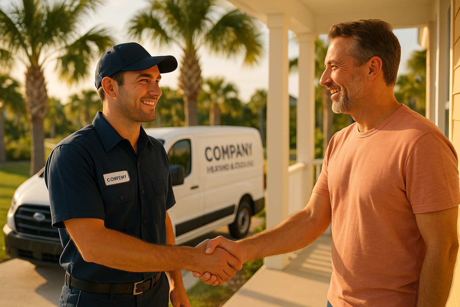 HVAC technician meeting homeowner for AC service near me appointment in Florida