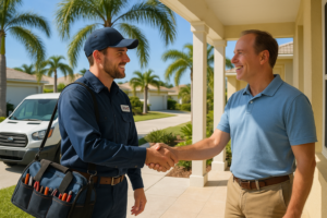 HVAC technician discussing how much does it cost for AC service with Florida homeowner
