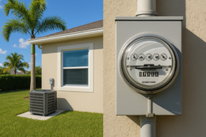 Florida home air conditioning unit next to electric meter showing how much does it cost to run AC