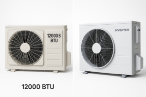 Side-by-side comparison of two 12000 BTU air conditioner units showing different efficiency levels