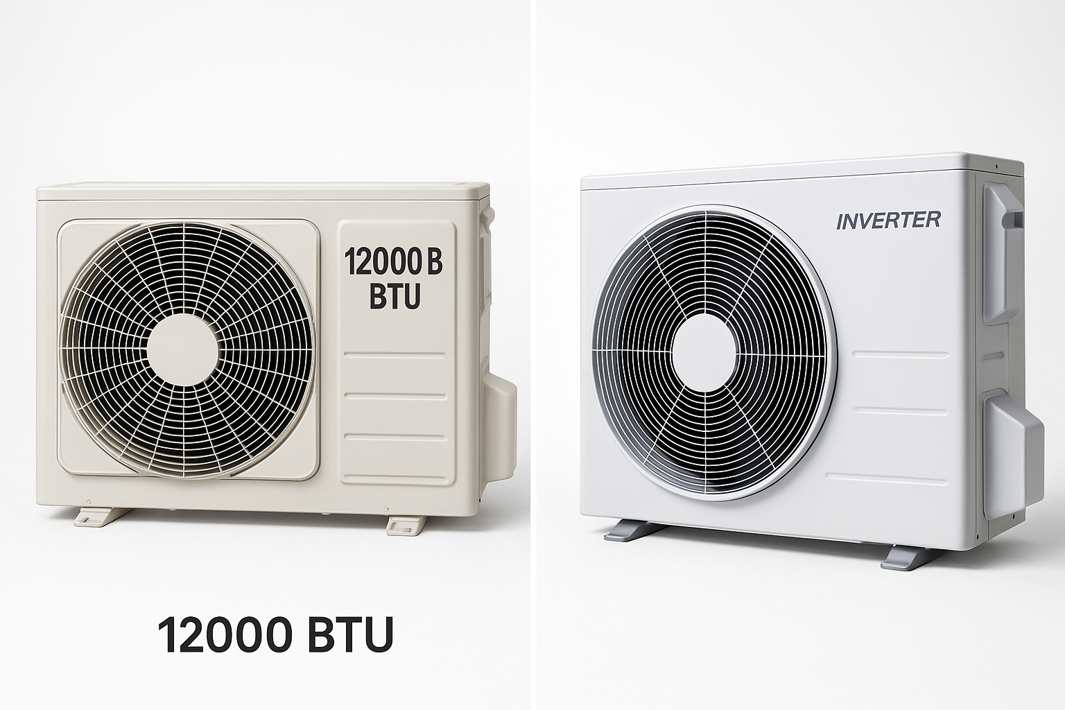 Side-by-side comparison of two 12000 BTU air conditioner units showing different efficiency levels