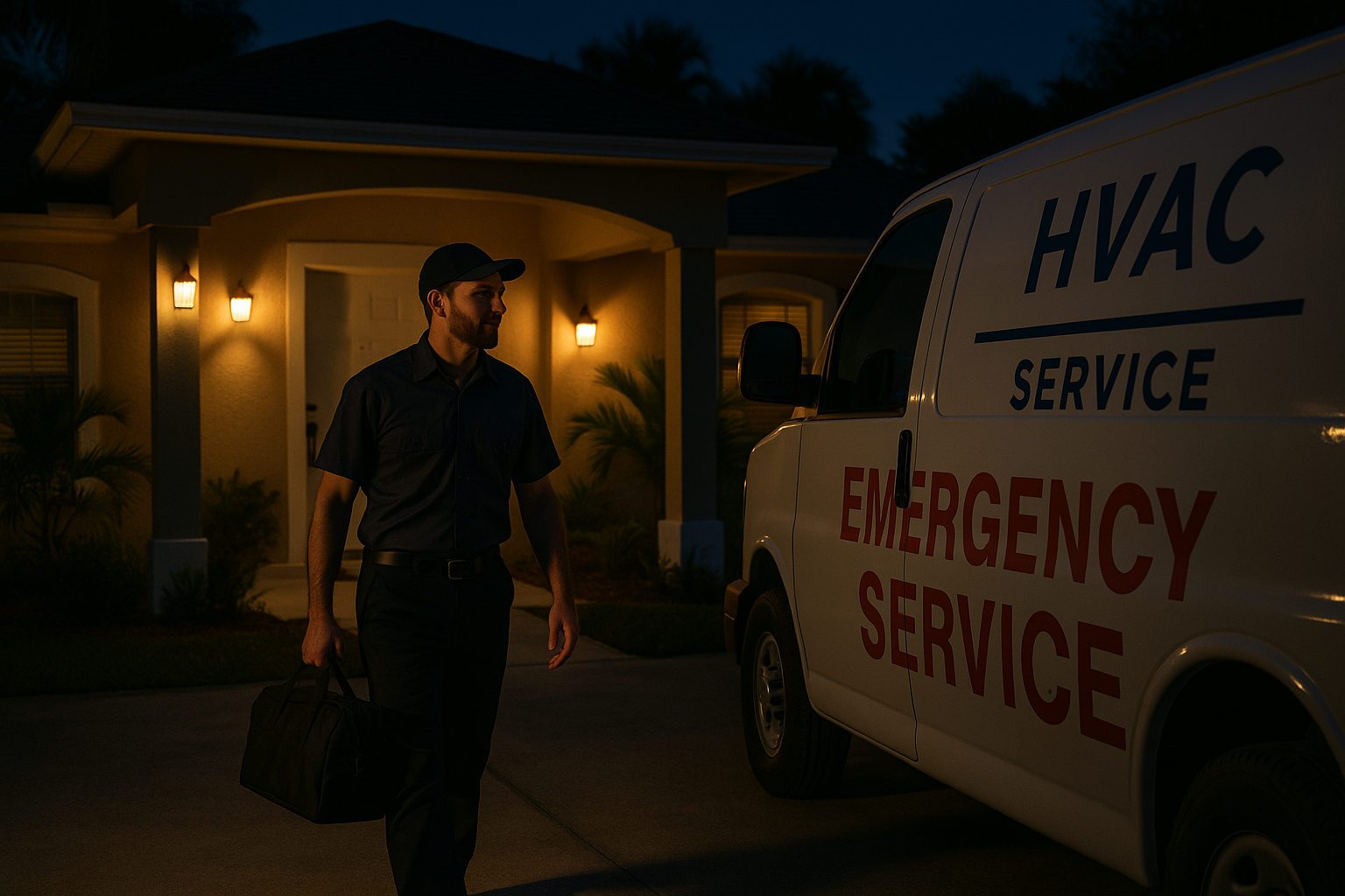 24 7 emergency hvac technician arriving at Florida home for nighttime service call