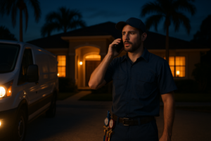 HVAC technician providing 24 hour air conditioning emergency service at Florida home at night
