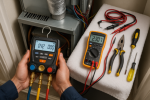 Professional HVAC technician servicing air conditioning system for AC companies Mango