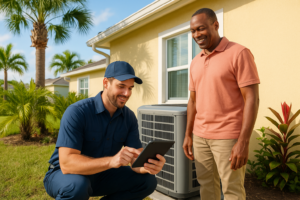 Professional HVAC technician consulting with Florida homeowner about air conditioning service